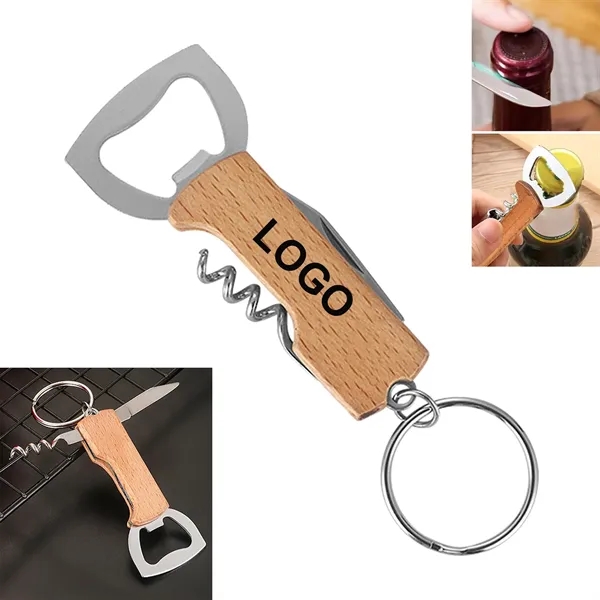 Multi-Function Stainless Steel Wooden Keychain Bottle Opener - Multi-Function Stainless Steel Wooden Keychain Bottle Opener - Image 0 of 3