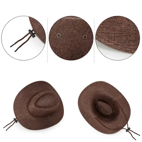 Men's Outdoor Beach Western Cowboy Wide Brim Linen Sun Hat - Men's Outdoor Beach Western Cowboy Wide Brim Linen Sun Hat - Image 2 of 3