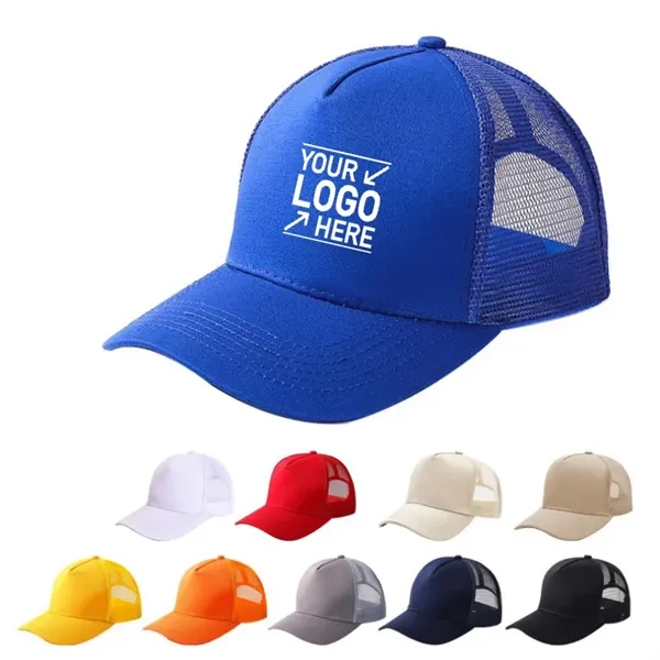 5-Panel High Crown Mesh Back Cotton Trucker Hat - 5-Panel High Crown Mesh Back Cotton Trucker Hat - Image 0 of 4