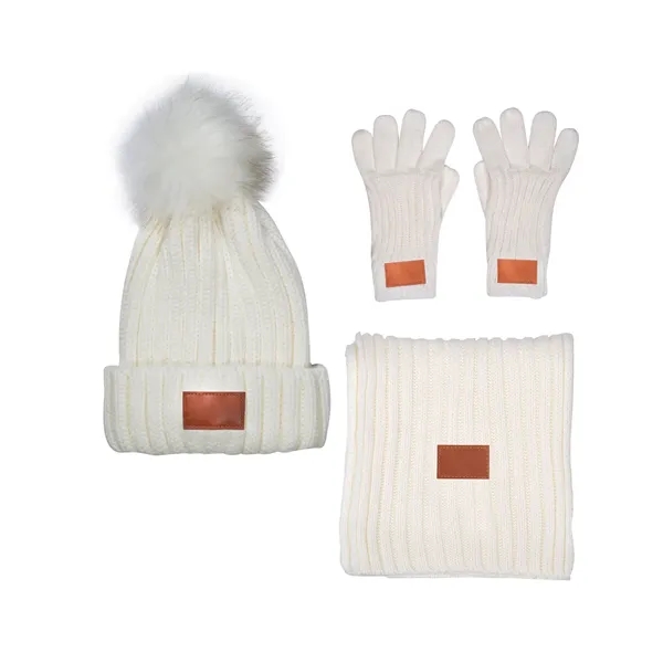 Leeman Three-Piece Rib Knit Fur Pom Winter Set - Leeman Three-Piece Rib Knit Fur Pom Winter Set - Image 7 of 7