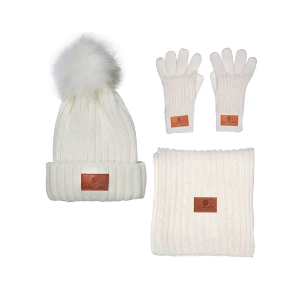 Leeman Three-Piece Rib Knit Fur Pom Winter Set - Leeman Three-Piece Rib Knit Fur Pom Winter Set - Image 6 of 7