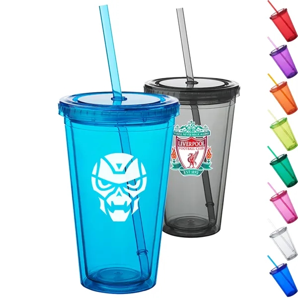 16 OZ. Double Wall Acrylic Travel Mug Tumblers With Straws