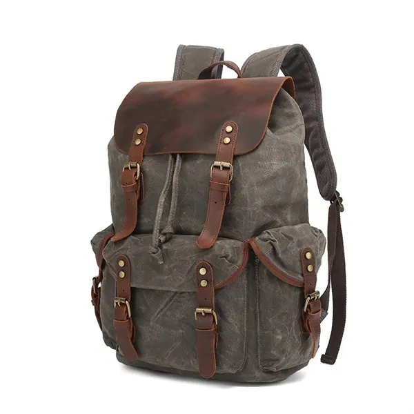 Retro Waxed Canvas And Crazy Horse Leather Travel Backpack - Retro Waxed Canvas And Crazy Horse Leather Travel Backpack - Image 3 of 7
