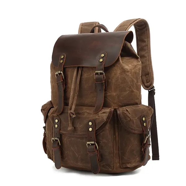 Retro Waxed Canvas And Crazy Horse Leather Travel Backpack - Retro Waxed Canvas And Crazy Horse Leather Travel Backpack - Image 4 of 7