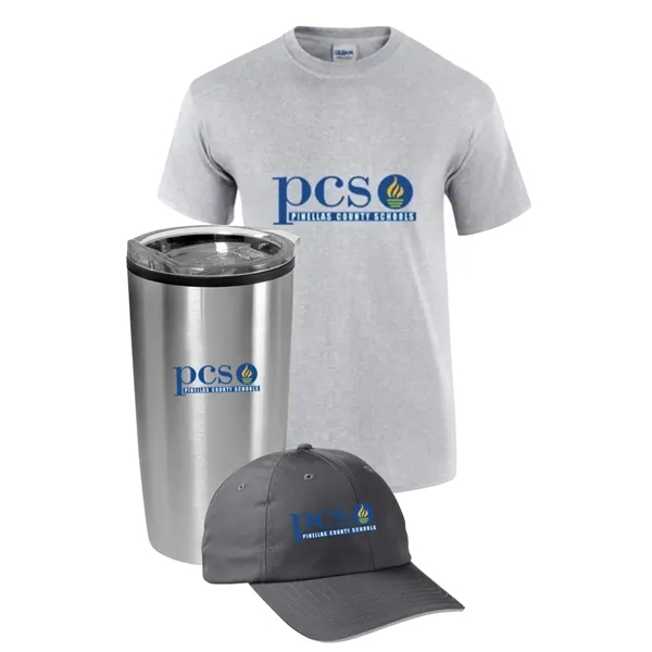 Welcome Employee Swag Set: T-Shirt, Tumbler and Cap - Welcome Employee Swag Set: T-Shirt, Tumbler and Cap - Image 1 of 5