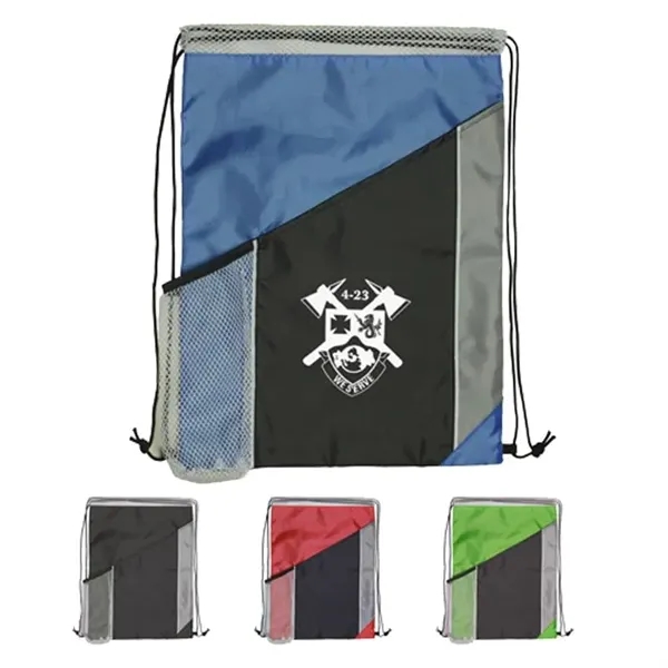 Tri Color Polyester Drawstring Bag with Mesh Pocket - Tri Color Polyester Drawstring Bag with Mesh Pocket - Image 0 of 4