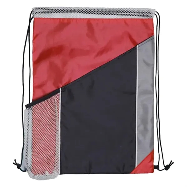 Tri Color Polyester Drawstring Bag with Mesh Pocket - Tri Color Polyester Drawstring Bag with Mesh Pocket - Image 3 of 4