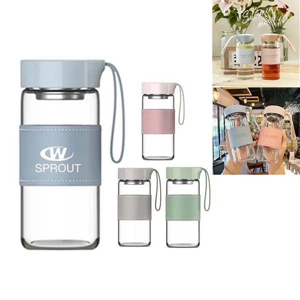 16.2Oz Glass Water Bottle W/ Tea Filter And Leather Sleeve - 16.2Oz Glass Water Bottle W/ Tea Filter And Leather Sleeve - Image 0 of 1