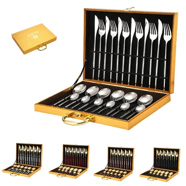 24pcs Gold Stainless Steel Tableware Cutlery Set Gift Box - 24pcs Gold Stainless Steel Tableware Cutlery Set Gift Box - Image 0 of 4
