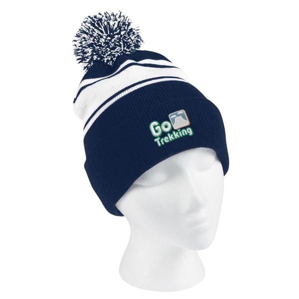 Two-Tone Knit Pom Beanie With Cuff - Two-Tone Knit Pom Beanie With Cuff - Image 20 of 33
