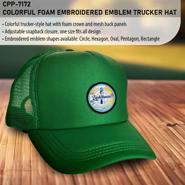 Colorful Foam Embroidered Emblem Trucker Hat - Colorful Foam Embroidered Emblem Trucker Hat - Image 12 of 12