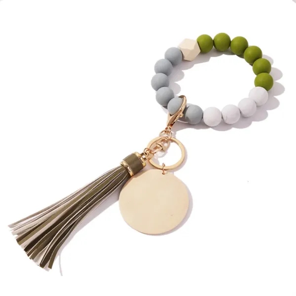 Silicone Beaded Wood Tag Wristlet Keychain With Tassel - Silicone Beaded Wood Tag Wristlet Keychain With Tassel - Image 3 of 3