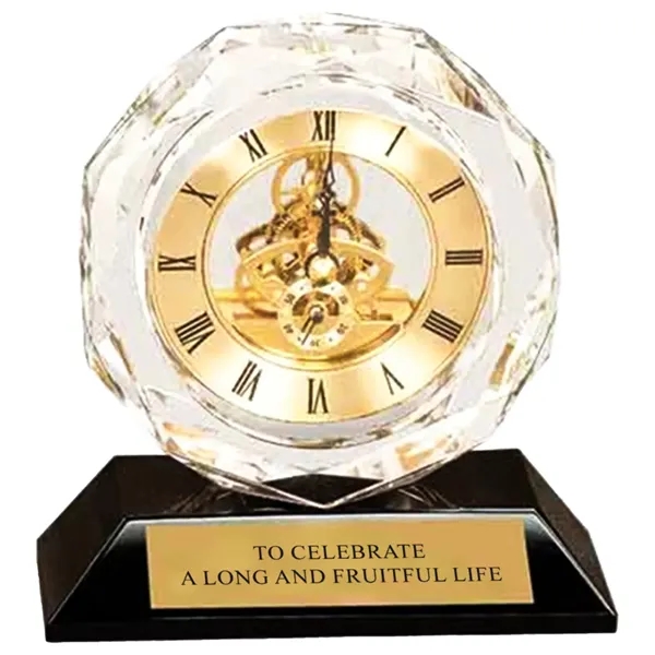 Clear Crystal Clock on Black Pedestal Base Custom Award - Clear Crystal Clock on Black Pedestal Base Custom Award - Image 0 of 1