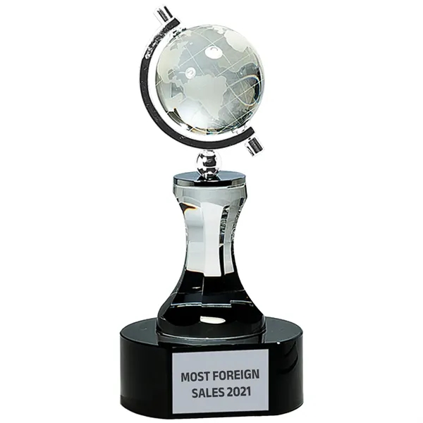 8.5" Crystal Spinning Globe Custom Award on Clear Tower. - 8.5" Crystal Spinning Globe Custom Award on Clear Tower. - Image 0 of 1