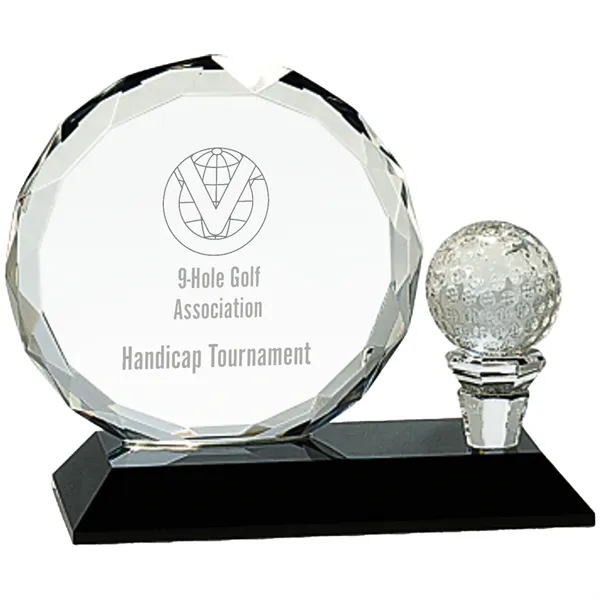 5.5" Facet Crystal Golf Ball Custom Award on Black Pedestal - 5.5" Facet Crystal Golf Ball Custom Award on Black Pedestal - Image 0 of 1
