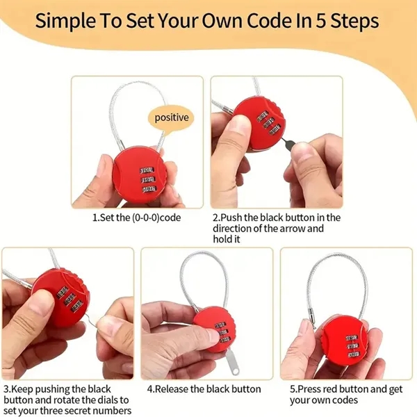 3 Digit Mini Combination Cable Padlock Waterproof Gym Lock - 3 Digit Mini Combination Cable Padlock Waterproof Gym Lock - Image 2 of 5