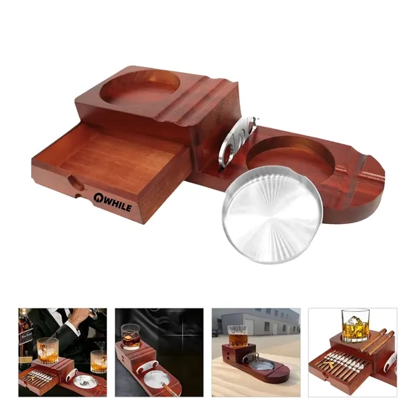 Wooden Cigar Humidor Ashtray Coaster Whiskey Glass Tray Set - Wooden Cigar Humidor Ashtray Coaster Whiskey Glass Tray Set - Image 0 of 0