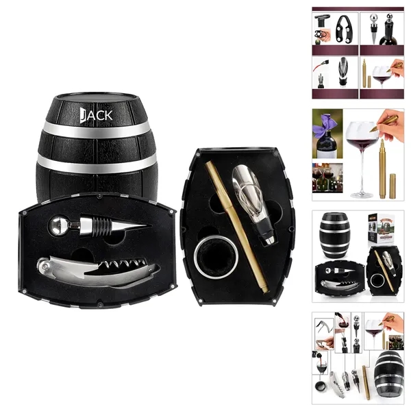 5 pieces Unique Barrel Shape Wine Acc Gift Set - 5 pieces Unique Barrel Shape Wine Acc Gift Set - Image 0 of 5