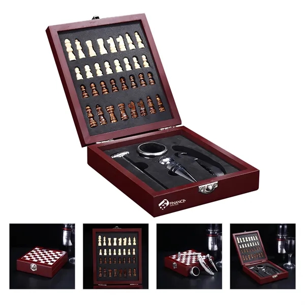 Black Wooden Box Wine Accessories With Chess Set - Black Wooden Box Wine Accessories With Chess Set - Image 0 of 4
