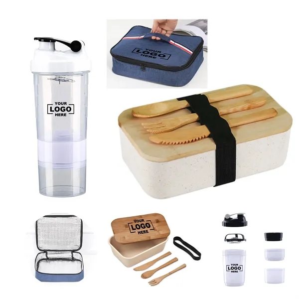 Bamboo Lid Wheat Lunch Box Set With Sports Shaker Bottle - Bamboo Lid Wheat Lunch Box Set With Sports Shaker Bottle - Image 0 of 6