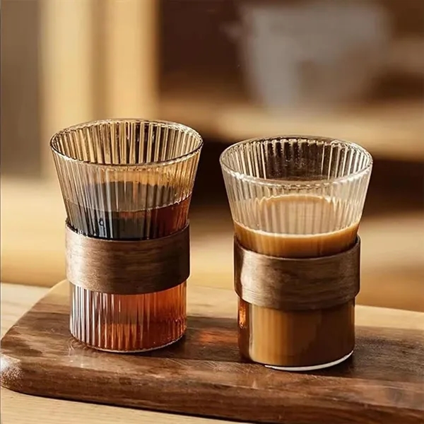 Glass Coffee Cup Ribbed Glassware With wooden anti-slip ring - Glass Coffee Cup Ribbed Glassware With wooden anti-slip ring - Image 2 of 4