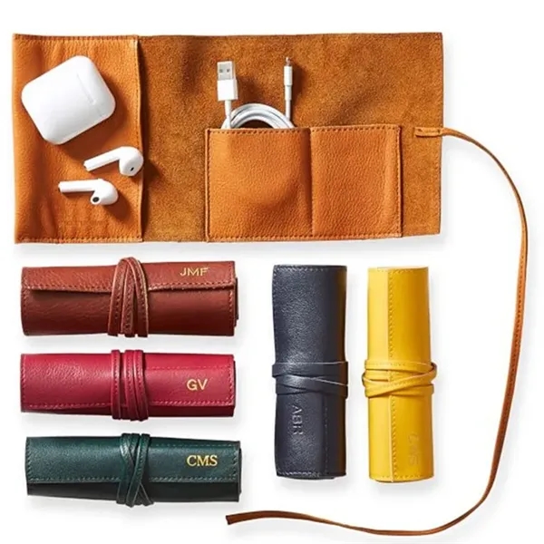 Faux Leather Travel Roll Up Cable Organizer USB Data Bag - Faux Leather Travel Roll Up Cable Organizer USB Data Bag - Image 0 of 2