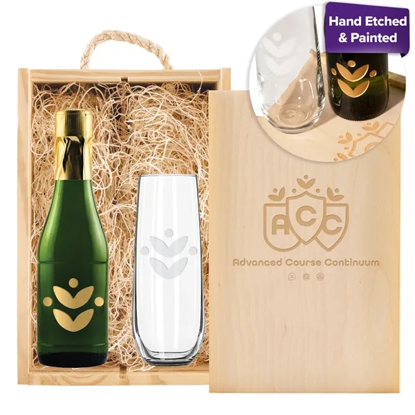 Double Half-Sized Wood Box with Champagne and Flute - Double Half-Sized Wood Box with Champagne and Flute - Image 1 of 4