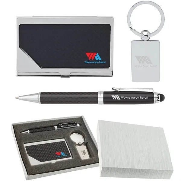 Carbon Fiber Pen, Business Card Case and Chrome Keyring Set - Carbon Fiber Pen, Business Card Case and Chrome Keyring Set - Image 1 of 1