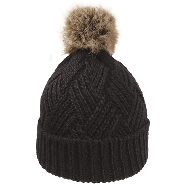 Cross Hatch Beanie with Faux Fur Pom - Cross Hatch Beanie with Faux Fur Pom - Image 1 of 10
