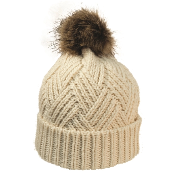 Cross Hatch Beanie with Faux Fur Pom - Cross Hatch Beanie with Faux Fur Pom - Image 3 of 10