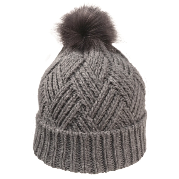 Cross Hatch Beanie with Faux Fur Pom - Cross Hatch Beanie with Faux Fur Pom - Image 4 of 10