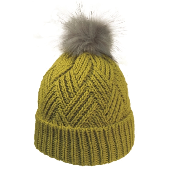 Cross Hatch Beanie with Faux Fur Pom - Cross Hatch Beanie with Faux Fur Pom - Image 6 of 10