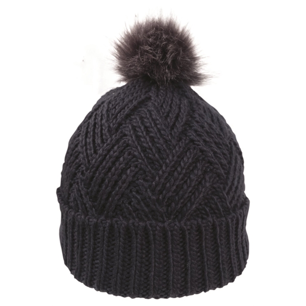 Cross Hatch Beanie with Faux Fur Pom - Cross Hatch Beanie with Faux Fur Pom - Image 7 of 10