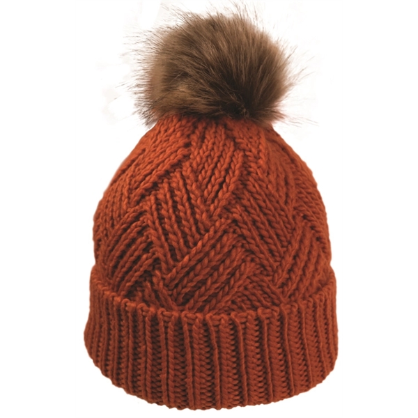 Cross Hatch Beanie with Faux Fur Pom - Cross Hatch Beanie with Faux Fur Pom - Image 8 of 10