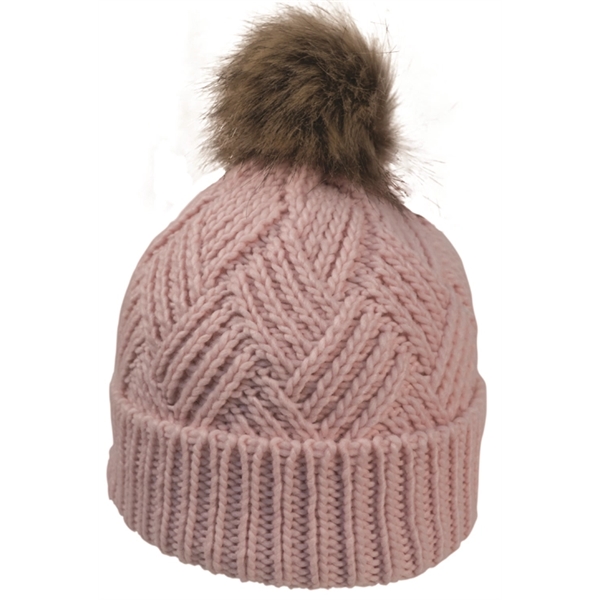 Cross Hatch Beanie with Faux Fur Pom - Cross Hatch Beanie with Faux Fur Pom - Image 9 of 10