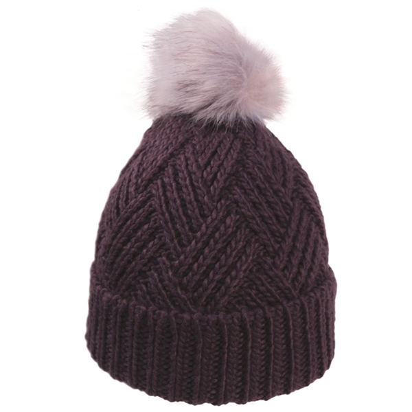 Cross Hatch Beanie with Faux Fur Pom - Cross Hatch Beanie with Faux Fur Pom - Image 10 of 10