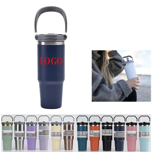 30oz Stainless Steel Insulated Tumbler w/Handle & Straw - 30oz Stainless Steel Insulated Tumbler w/Handle & Straw - Image 0 of 4