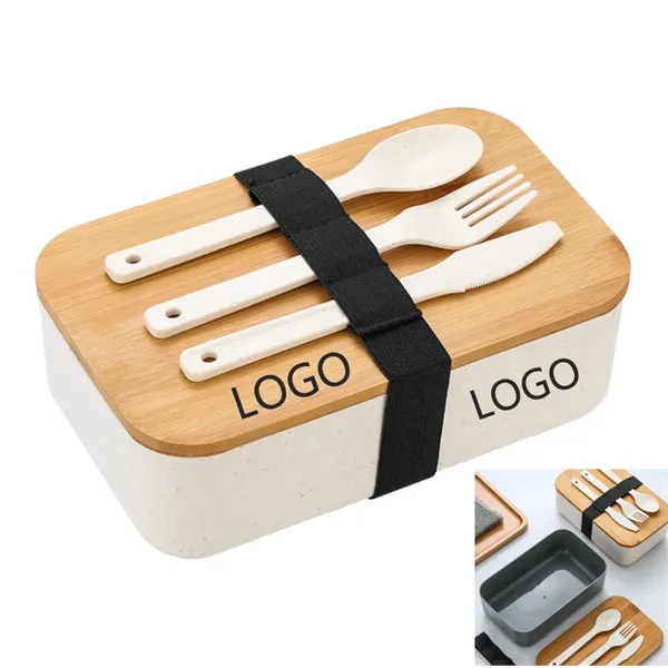 Wheat Straw Lunch Bento Box With Cutlery & Bamboo Lid - Wheat Straw Lunch Bento Box With Cutlery & Bamboo Lid - Image 0 of 3