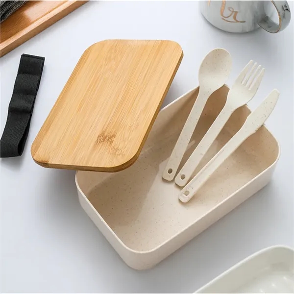 Wheat Straw Lunch Bento Box With Cutlery & Bamboo Lid - Wheat Straw Lunch Bento Box With Cutlery & Bamboo Lid - Image 2 of 3