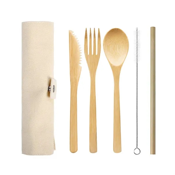 Bamboo Cutlery Set With Travel Pouch-5 Pieces - Bamboo Cutlery Set With Travel Pouch-5 Pieces - Image 1 of 5