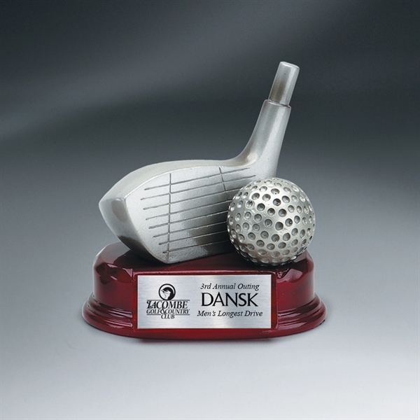 Silver Golf Club and Ball on Rosewood Base w/ Lasered Plate