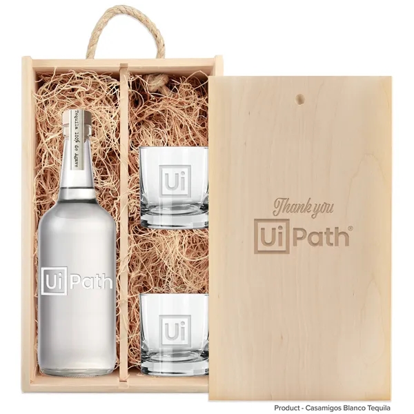 Laser-Engraved Double Wood Box w/Etched Liquor + Glasses - Laser-Engraved Double Wood Box w/Etched Liquor + Glasses - Image 1 of 4