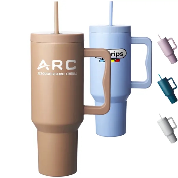 40 oz. Stainless Steel Travel Mugs w/ Handle & Straw Lid - 40 oz. Stainless Steel Travel Mugs w/ Handle & Straw Lid - Image 0 of 5