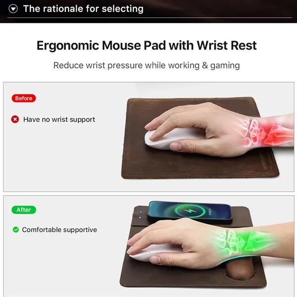 Genuine Leather Wireless Charging Mouse Pad with Wrist Rest - Genuine Leather Wireless Charging Mouse Pad with Wrist Rest - Image 5 of 12