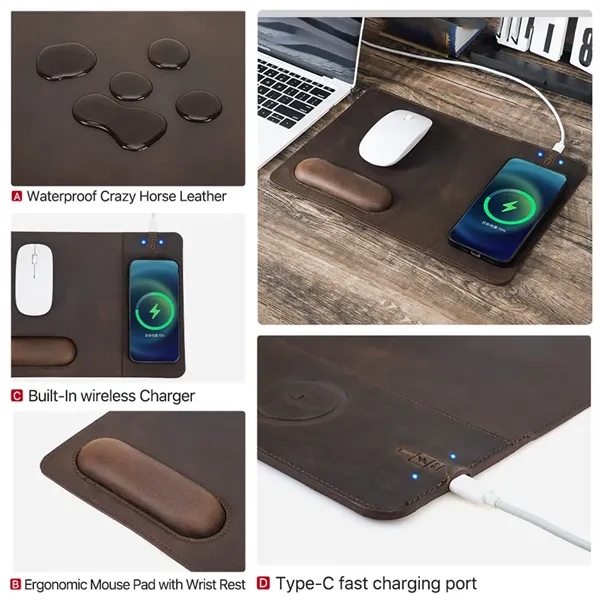 Genuine Leather Wireless Charging Mouse Pad with Wrist Rest - Genuine Leather Wireless Charging Mouse Pad with Wrist Rest - Image 3 of 12