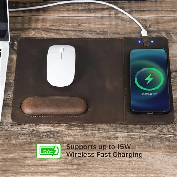 Genuine Leather Wireless Charging Mouse Pad with Wrist Rest - Genuine Leather Wireless Charging Mouse Pad with Wrist Rest - Image 1 of 12