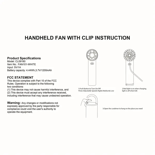 USB Rechargeable Handheld Fan With Clip - USB Rechargeable Handheld Fan With Clip - Image 2 of 2