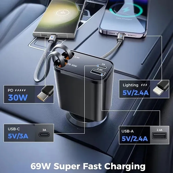 69WRetractable Car Charger, 4 in 1 Fast Charging - 69WRetractable Car Charger, 4 in 1 Fast Charging - Image 2 of 4