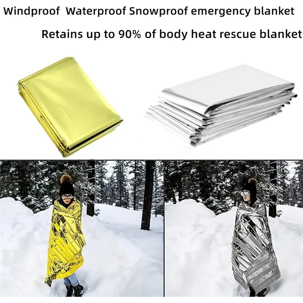 Silver and gold foil survival blanket outdoors - Silver and gold foil survival blanket outdoors - Image 6 of 9