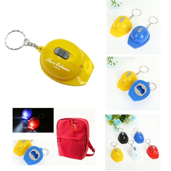 Plastic Helmet Shaped LED Light Bottle Opener Keychain - Plastic Helmet Shaped LED Light Bottle Opener Keychain - Image 1 of 7